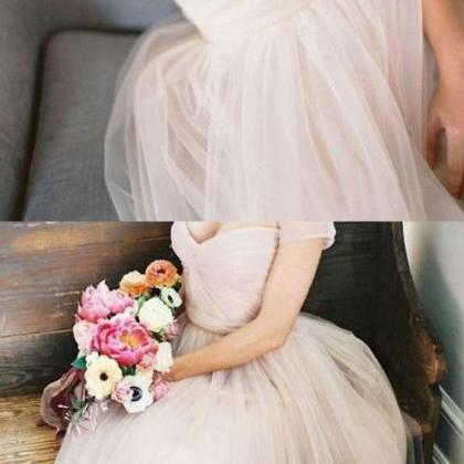 A-simple Off Shoulder White Tulle Wedding Dress..