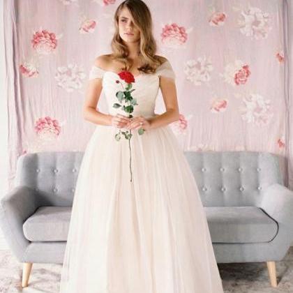 A-simple Off Shoulder White Tulle Wedding Dress..