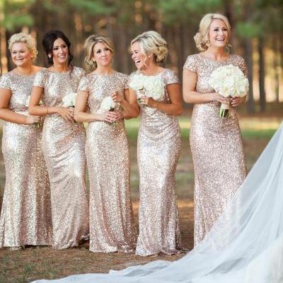 Gold Sequin Bridesmaid Dress,sheath bridesmaid dress, gold long bridesmaid dress,short sleeves bridesmaid dress with shawl,custom made bridesmaid dress