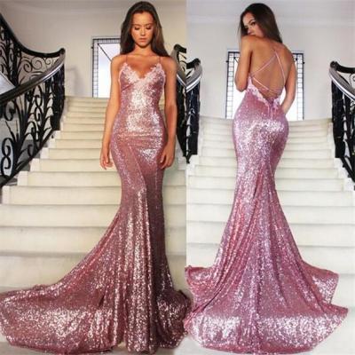 2016 New Mermaid Long Rose Pink Prom Party Dresses Sequins Spaghetti Strap Bling Evening Gowns Backless Sexy Special Occasion Dressess