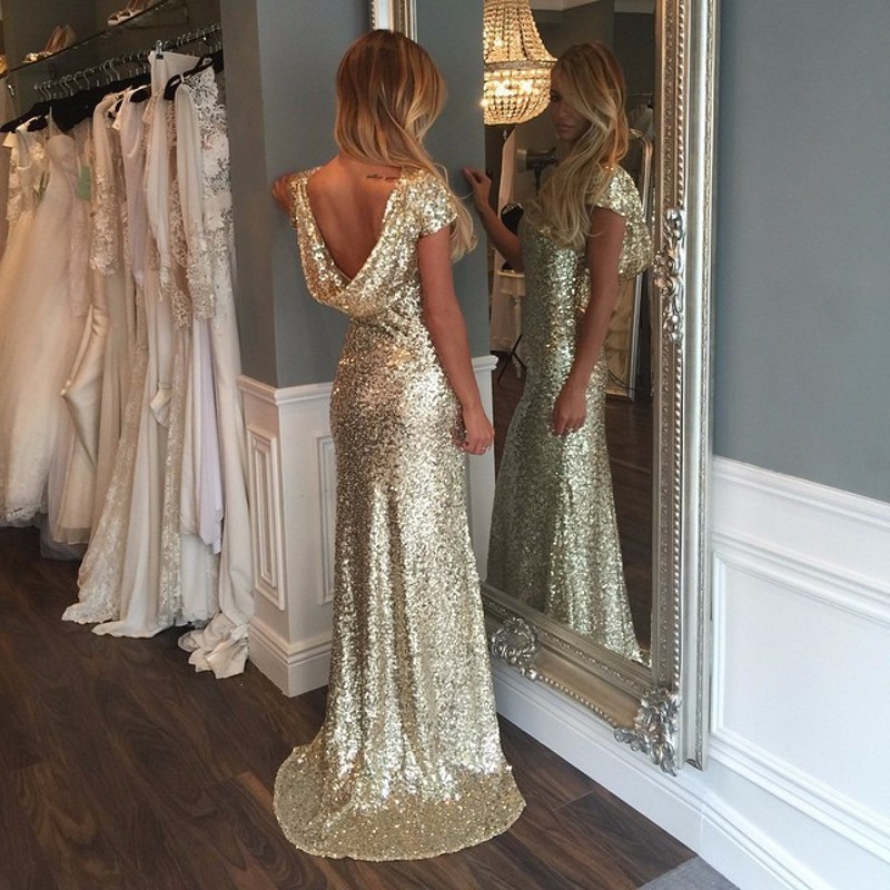 Gold Sequin Bridesmaid Dresses Mermaid Backless Shiny Long Party