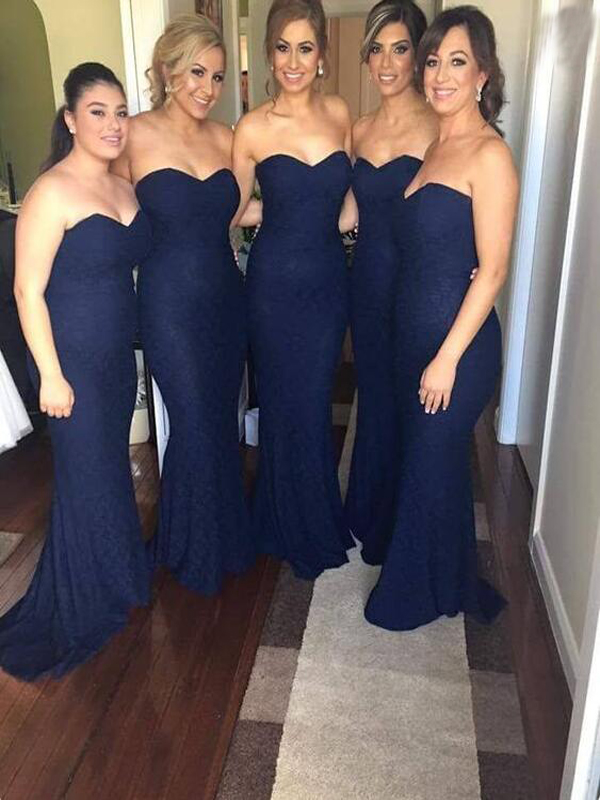 Custom Made Navy Blue Sweetheart Neckline Long Mermaid Bridesmaid