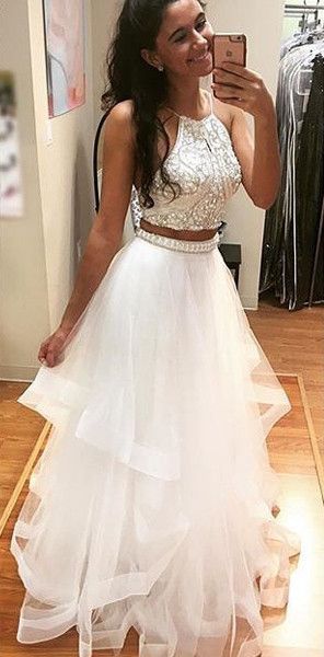 .y Beaded Bodice 2 Piece Prom Dress, White Crystals Prom 