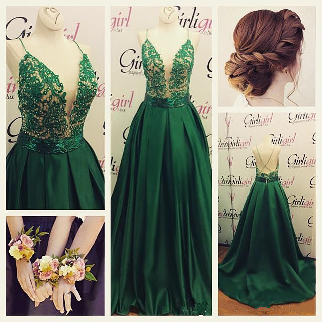 A-line Spaghetti Straps Lace Bodice Beads Green Prom Dress,long Evening Party Gowns