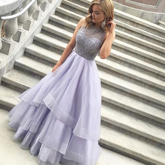 A-line Scoop Embellishments Lavender Organza Prom Dress Long Formal Gowns Homecoming Dress
