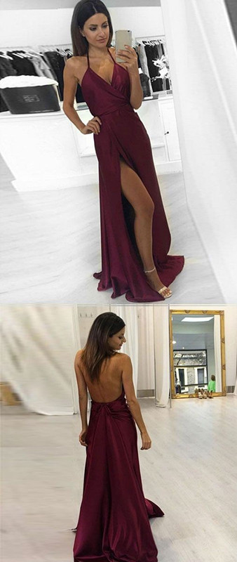 A-line Halter Front Slit Long Burgundy Prom Dress,long Evening Formal Party Gowns