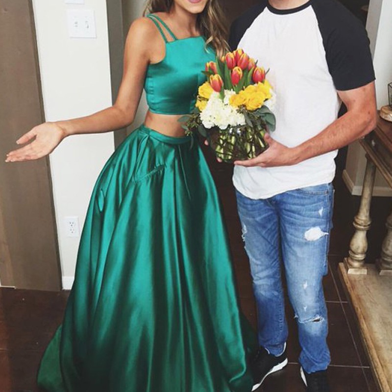 Chic Spaghetti Straps Green 2 Pieces Prom Dress With Pocket Long Prom Dress Satin on Luulla