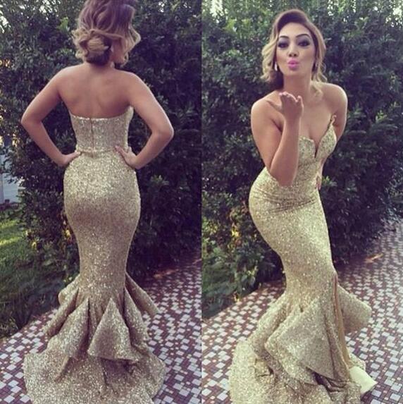 Chic Sweetheart Zipper Back Gold Sequin Prom Dress With Ruffles,mermaid ...