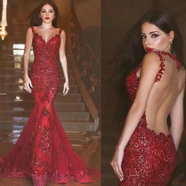 Sexy Red Mermaid Backless Prom Dress Formal Dress Evening Dress Party Prom Gowns Y1443