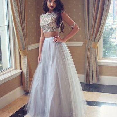 2 Piece Silver Prom Dress 2016 Simple Tulle Long Evening Gowns 2 Pieces ...