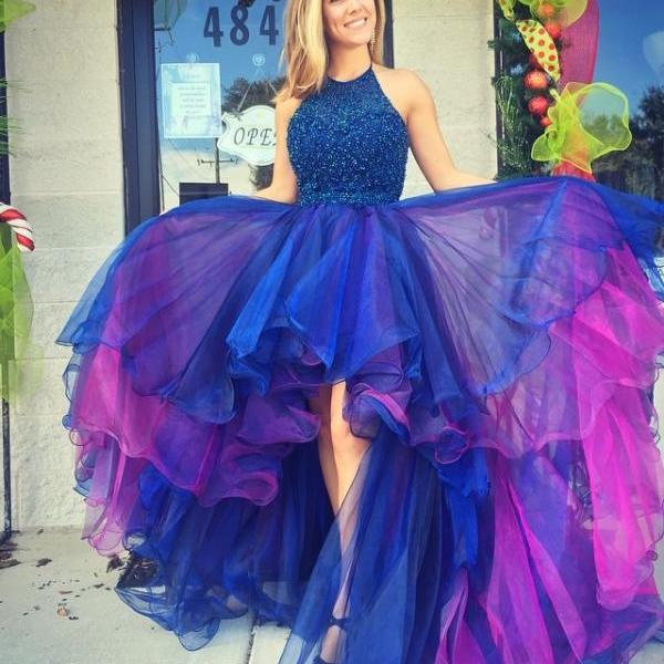 Beaded High Low Prom Dress,halter Prom Dress,custom Made Evening Dress