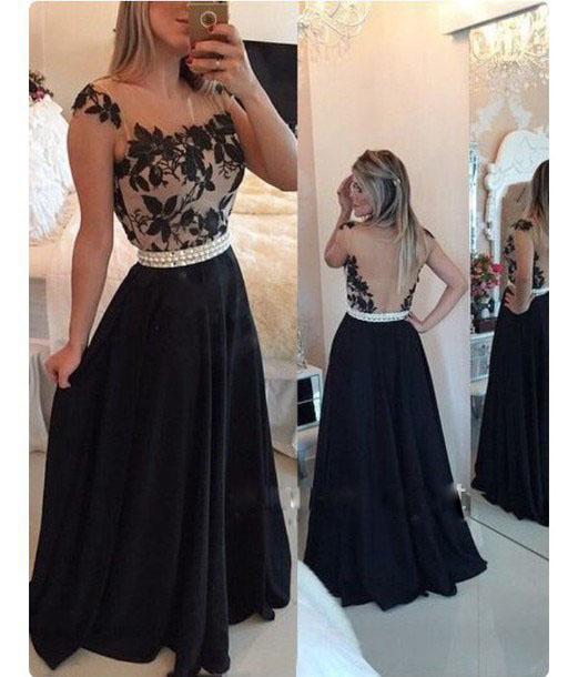 Long Black Chiffon A-line Prom Dresses Appliques Formal Gowns Evening ...