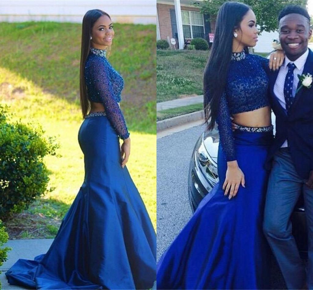 Girl Party Prom Dress Two Piece 2016 High Neck Beaded Navy Blue