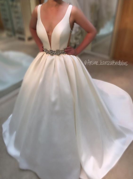 A-line Deep V-neck Straps White Satin Wedding Dress Beaded Belt Prom ...